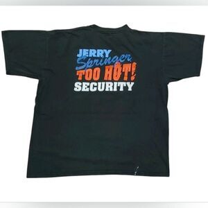 Vtg 1990s Jerry Springer Too Hot Security Print T-Shirt (XL) 